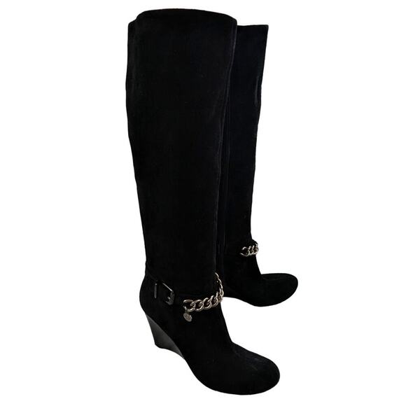 BCBGENERATION! MERRY BLACK SUEDE LEATHER WEDGE HEELS CHAINED BOOTS! SZ 7.5B - Picture 11 of 11